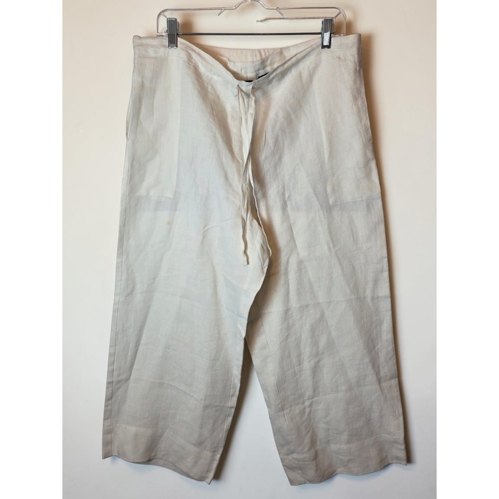 111 State 100% Linen Size 10 Ivory Wide Leg Pants Drawsting Waist Coastal Core